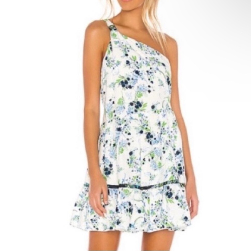 Free People All Mine White Blue Floral Print One Shoulder Mini Dress Large